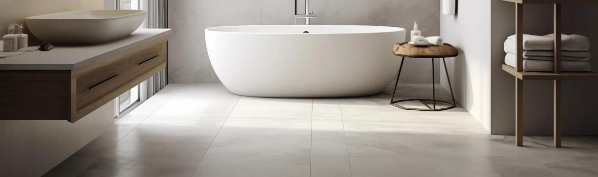 Ein gefliestes Badezimmer mit einem Waschbecken und einer Badewanne, sowie Ablagen für Handtücher.