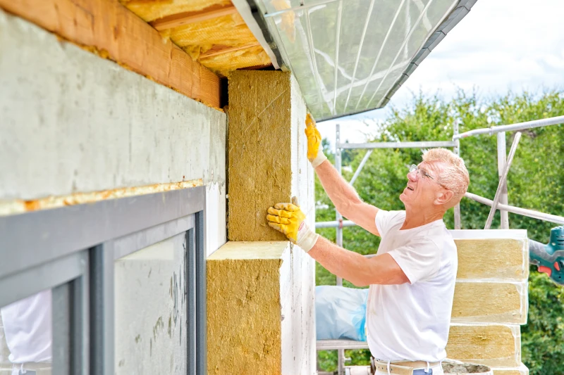 Mann bringt Dämmplatten an einer Hauswand an 