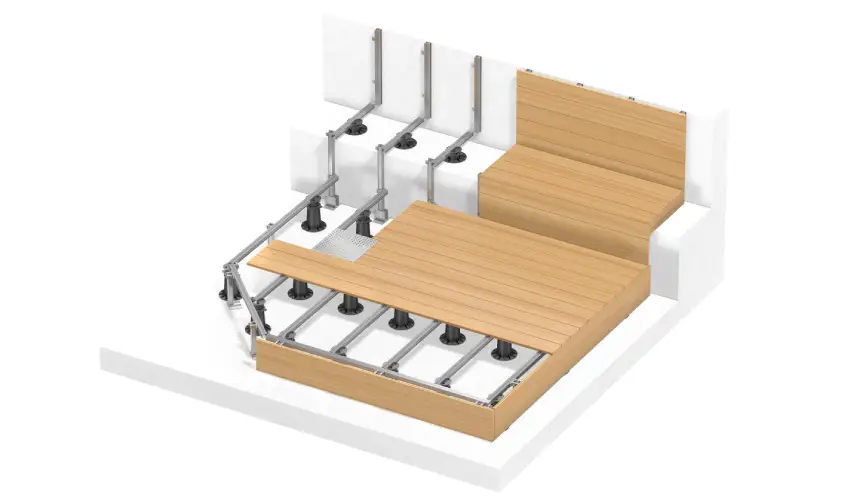 Eine Modelldarstellung von einer Terrassenverlegung auf einem Aluminiumsystem.