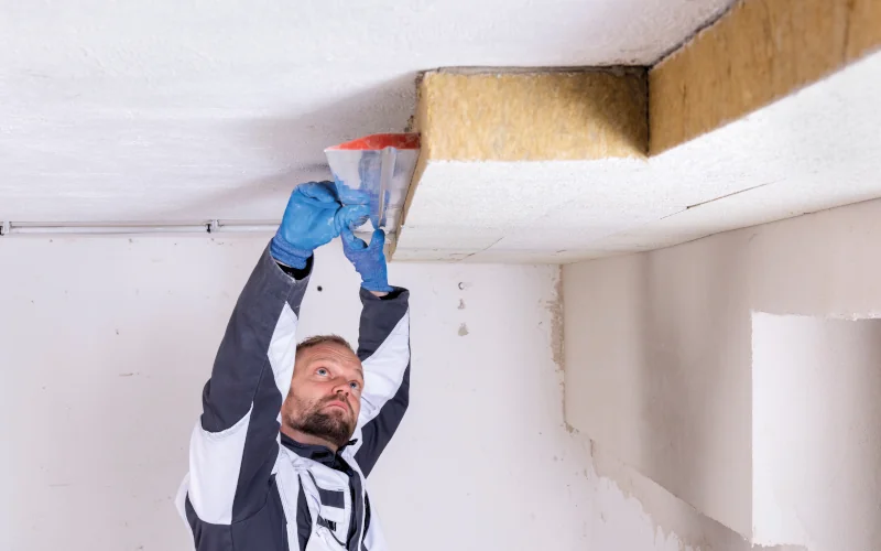 Handwerker passt Dämmplatten aus Mineralwolle an der Kellerdecke an 