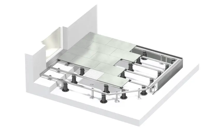 Eine Modelldarstellung von einer Plattenverlegung auf einem Aluminiumsystem.