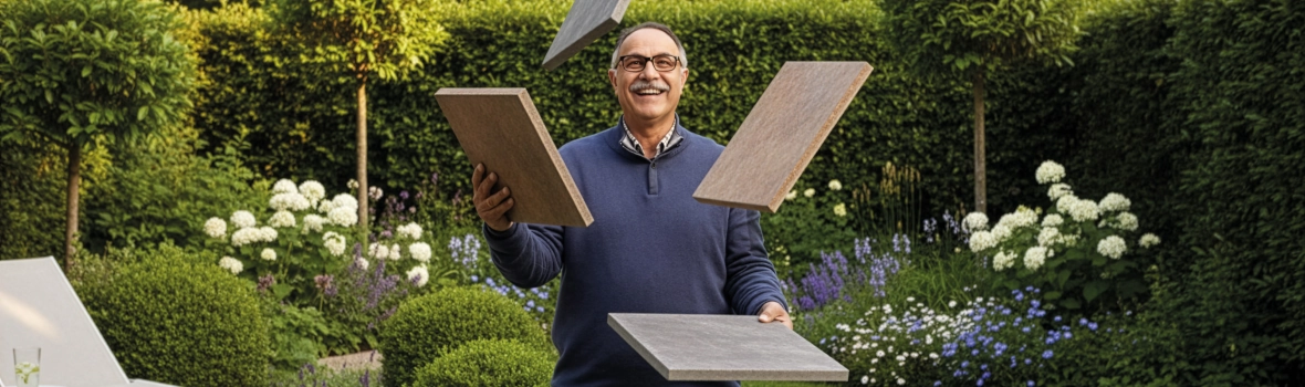 Ein älterer Herr jongliert Terrassenplatten im Garten.