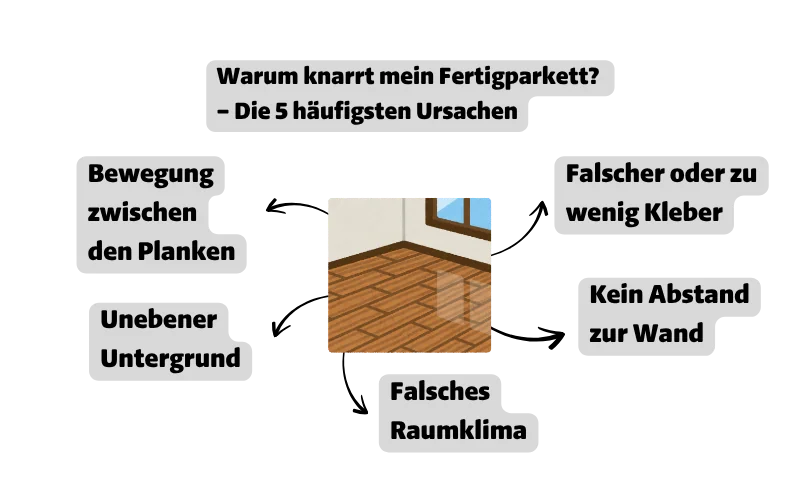 „Warum knarrt mein Fertigparkett? – Die 5 häufigsten Ursachen: Bewegung zwischen den Planken, Unebener Untergrund, Falscher oder zu wenig Kleber, Kein Abstand zur Wand, Falsches Raumklima