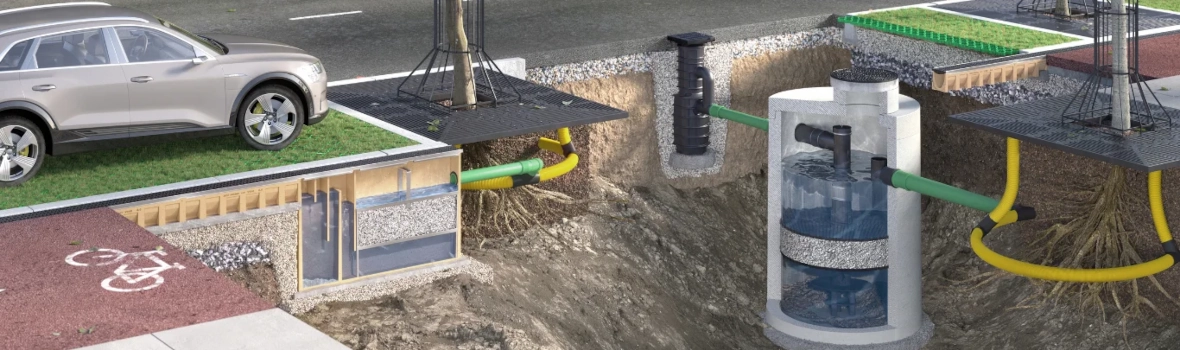 3D Rendering einer Strasse in der Innenstadt mit einer unterirdischen Regenwasserbehandlungsanlage nach DWA-A 138-1