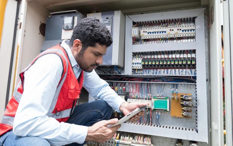 Handwerker liest etwas von seinem Tablet ab und steht neben einem Stromzähler