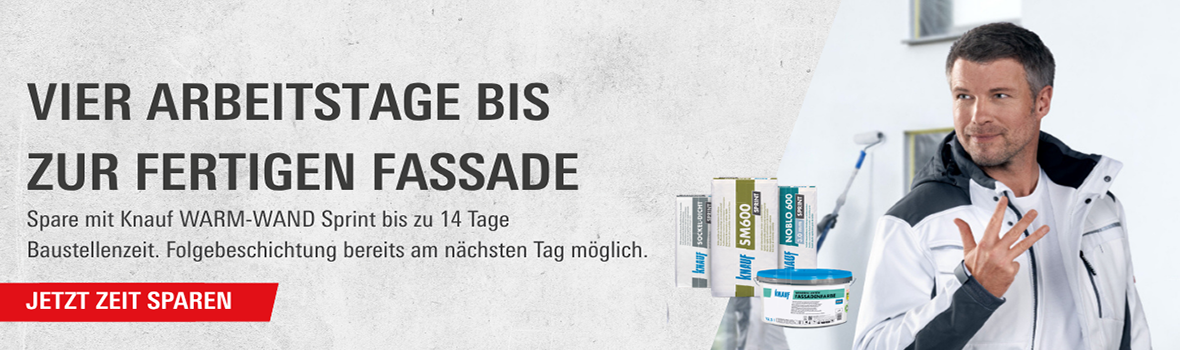 Vier Arbeitstage bis zur fertigen Fassade. Im Hintergrund Baustoffe von Knauf Gips.