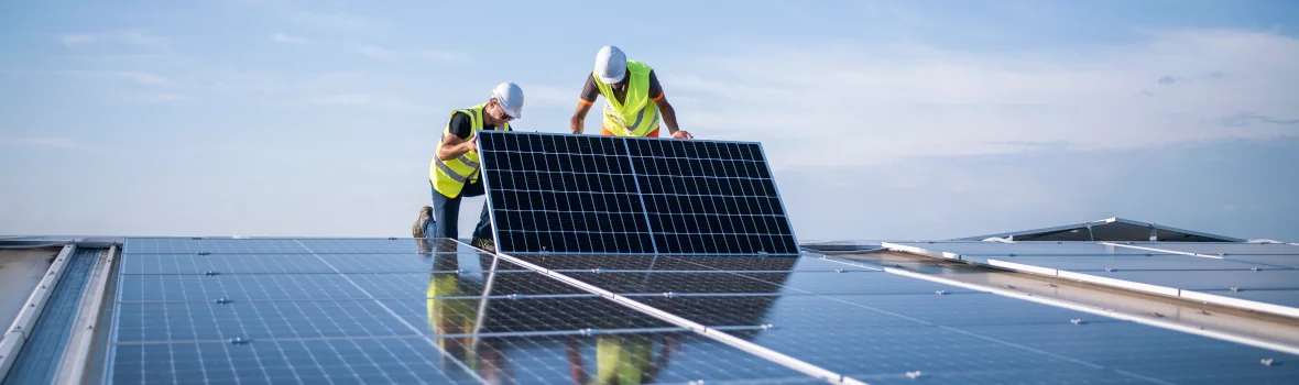 zwei Arbeiter installieren ein Solarpaneel
