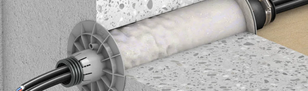 Das Bild zeigt eine vertikale Ansicht der Quadro-Secura® Quick C Rohrdurchführung, die durch eine Betonwand verläuft. Es sind mehrere Kabel durch das Rohr geführt.