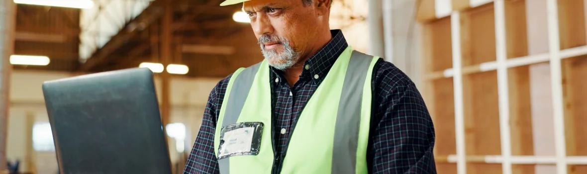 Handwerker auf Baustelle mit Warnweste mit Laptop in der Hand