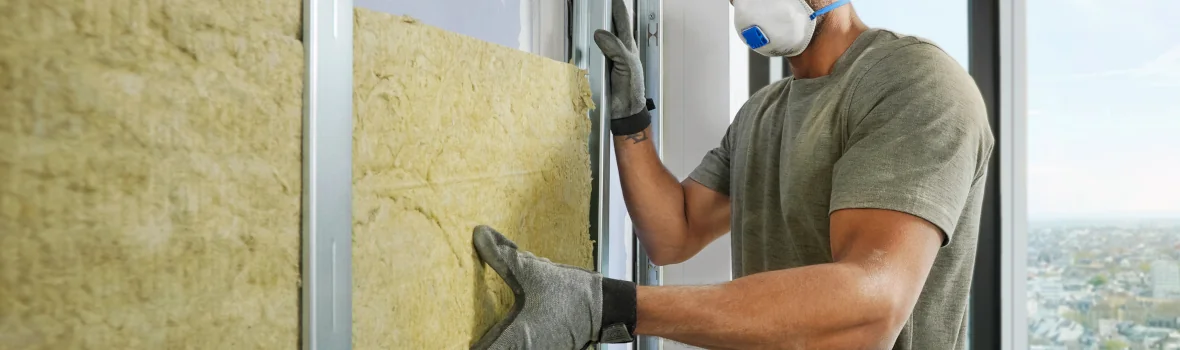 Handwerker legt Feuerschutzdämmplatten in Konstruktion an der Hauswand