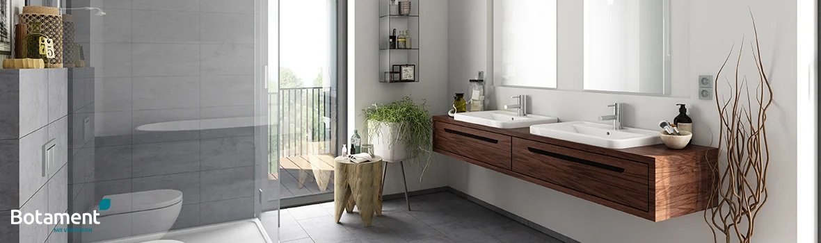 Badezimmer mit ebenerdiger Dusche, zwei Waschtischen und Deko