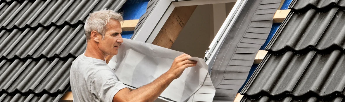 Handwerker bringt Folie von außen auf einem Dachfensterrahmen an 