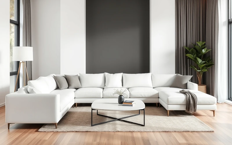 Helles Wohnzimmer mit weißem Ecksofa, Couchtisch, Stehlampe, Teppich, Vorhängen und großer Zimmerpflanze.