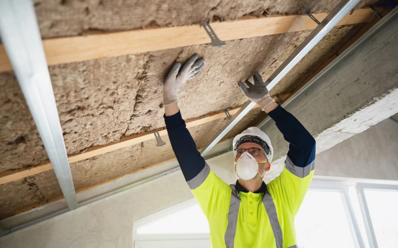 Handwerker bringt Dämmplatten in Holzkonstruktion am Dach an