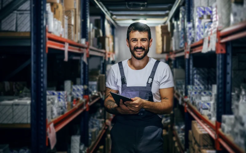 Handwerker steht mit Tablet im Lager zwischen Ware