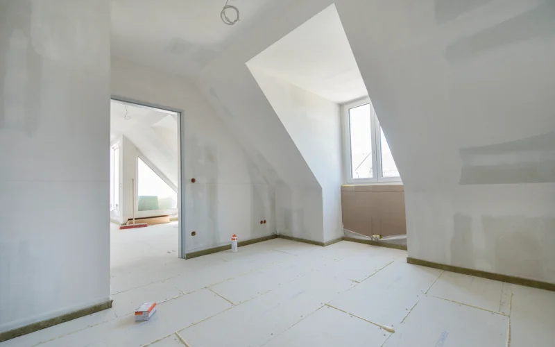 Dachgeschoss im Ausbau mit verkleideten Wänden