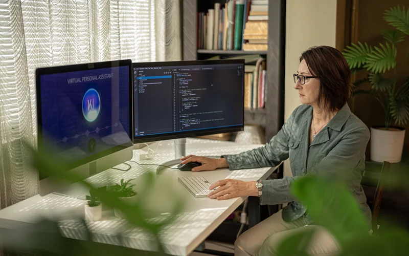Frau am Schreibtisch mit 2 Computerbildschirmen