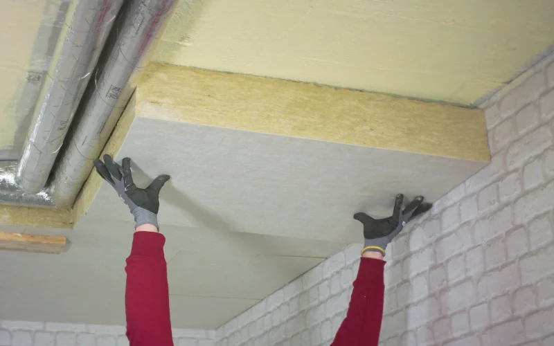Handwerker bringt Dämmplatte an Kellerdecke an