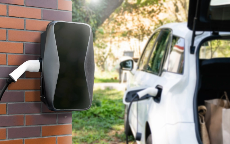 Aufladendes Elektroauto neben dem Haus mit Ladestation an der Wand