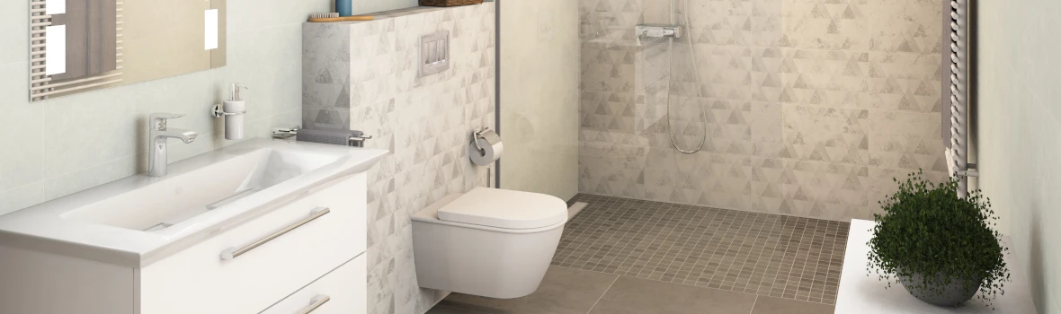 Braun-gräulichen Boden- und Wandfliesen im Badezimmer