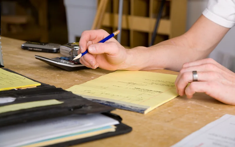 Handwerker in Werkstatt schreibt etwas in ein Notizbuch.