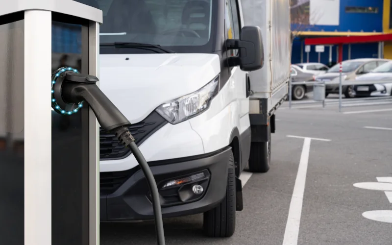 weißer Elektro-Firmentransporter lädt mit Kabel an einer E-Ladestation auf einem Parkplatz