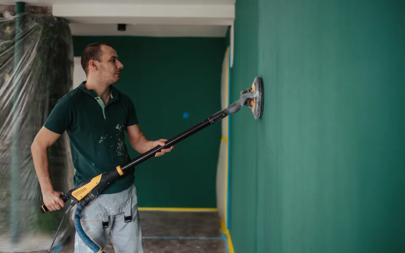 Mann bearbeitet eine Wand mit einem Wandschleifer