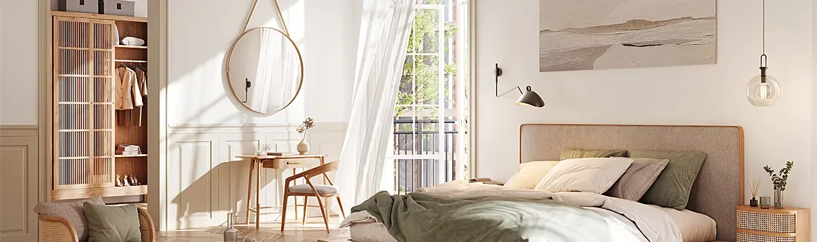 Schlafzimmer mit hoher Decke im skandinavischen Stil