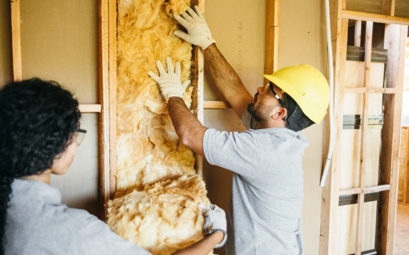 Handwerker drücken Dämmwolle in eine Wand