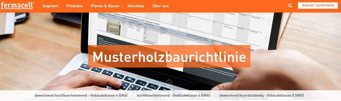 Bild einer Landingpage von der fermacell Website zum Thema Musterholzbaurichtlinie