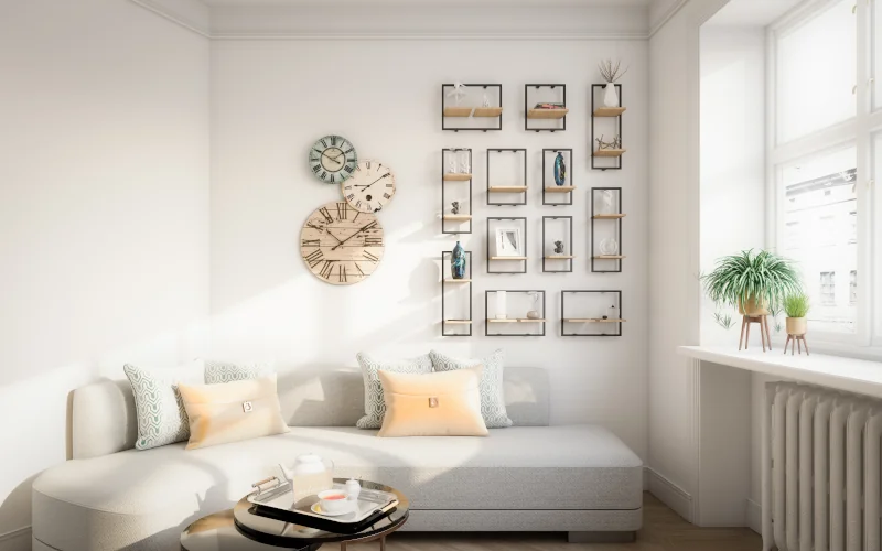 kleiner Wohnraum mit Sofa und Dekoration neben einem Fenster