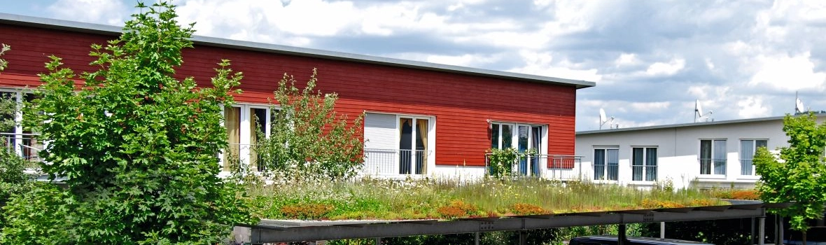 Rotes Flachdachhaus mit einem Carport in der Front, dass eine Dachbegrünung hat.