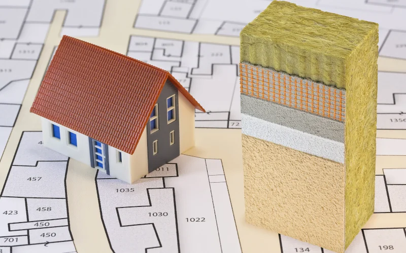 Modellhaus auf einem Plan mit Dämmungsmodell daneben 