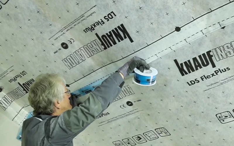Handwerker dichtet Dampfbremsfolie mit Dichtband an der Wand ab