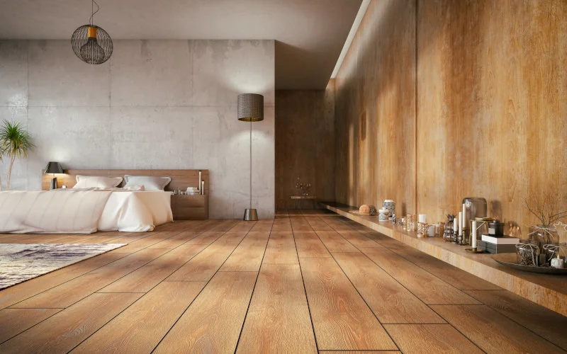 Wohnzimmer mit Fußboden und Wänden aus Holz und Beton