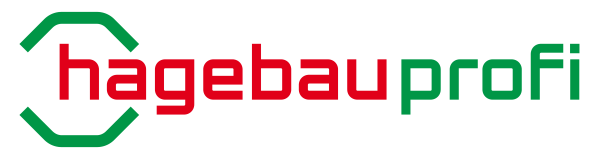 Hagebauprofi-Logo in Rot und Grün mit stilisiertem Sechseck.
