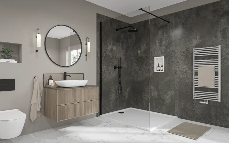 modernes Badezimmer mit anthrazitfarbenen Wandpaneelen