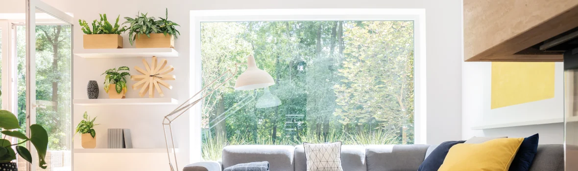 helles Wohnzimmer mit großen Fenstern, Sitzmöbeln und vielen Pflanzen