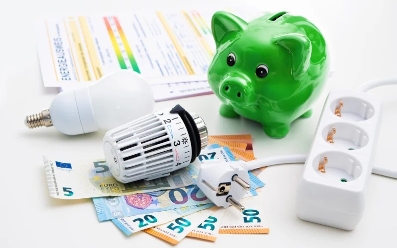 grünes Sparschwein, einen Heizungsregler, eine Glühbirne, einen Stromstecker und Euro-Banknoten 