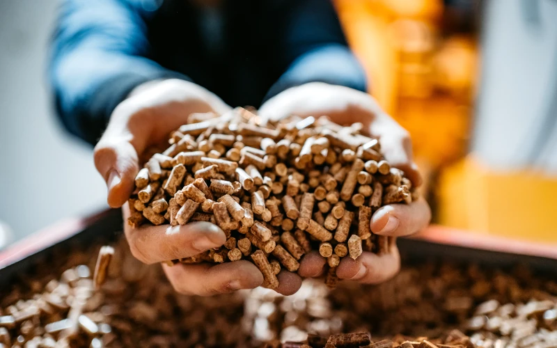 Das Bild zeigt zwei Hände, die eine große Menge Holzpellets halten, während im Hintergrund weitere Pellets und warmes Licht zu sehen sind.