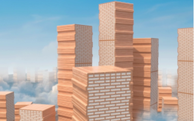 3D Bild von Poroton-Ziegel angeordnet als eine Hochhaus-Skyline