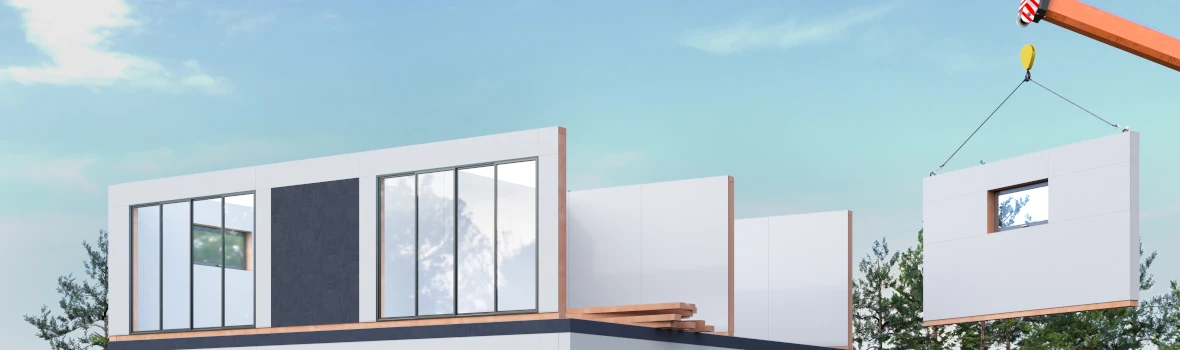 Fertigbauteile werden mit Kran auf Haus gesetzt