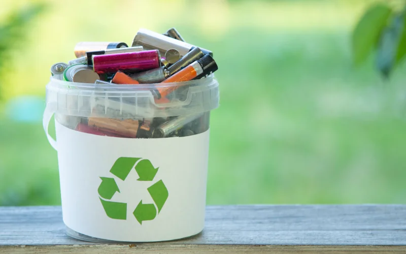 Plastikeimer mit Recycling-Symbol und Batterien  