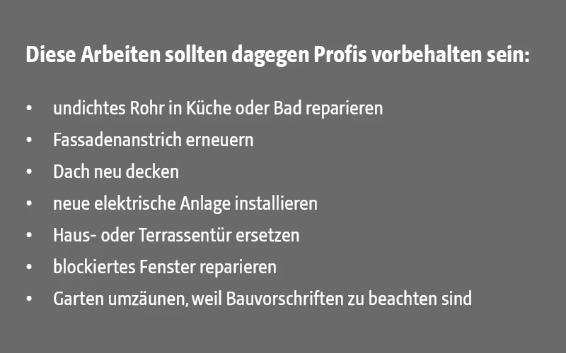Auflistung der Arbeiten, die Profis vorbehalten sein sollten
