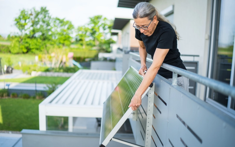 Frau stellt Sonnenkollektor auf Balkonhaus ein