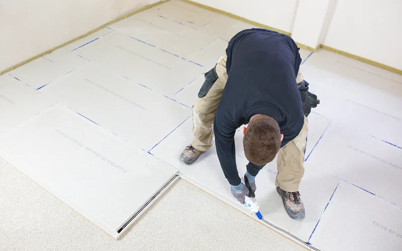 Handwerker verklebt Bodenplatten mit Klebstoff