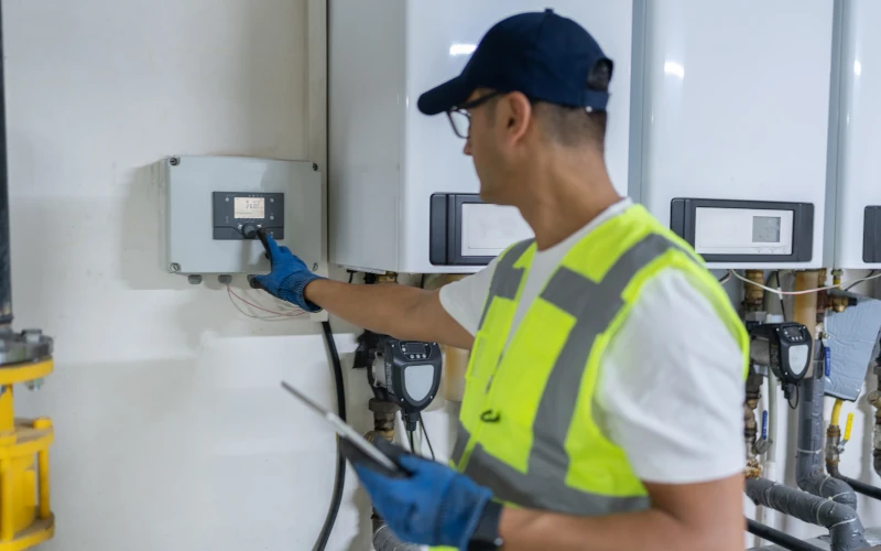 Techniker überprüft Heizungsanlage und Bedienelemente.