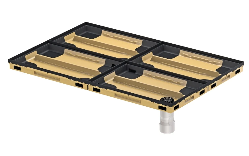 Technische Zeichnung oder Modell einer modularen Bodenplatte mit Abfluss.