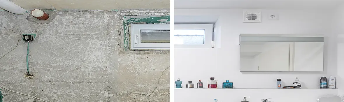 Links ist ein maroder, ungenutzter Kellerraum zu sehen. Rechts ein sanierter, heller Kellerraum welcher als Badezimmer dient.