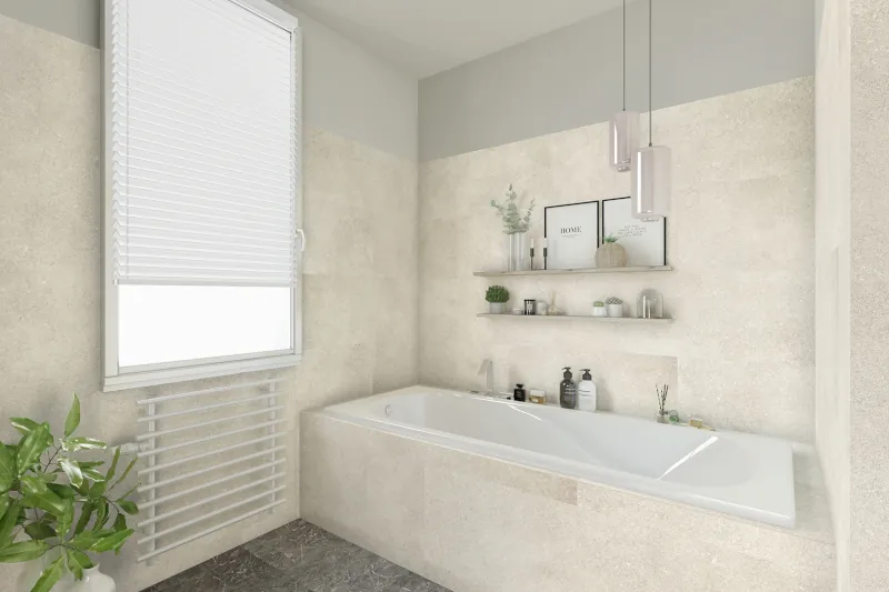 Heller Wand- und Bodenbelag in Badezimmer